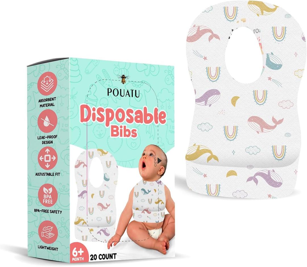 Premium Baby Disposable Bibs - Mess-Free Feeding and Easy Cleanup - 5 Packs of 20 (100 Count)
