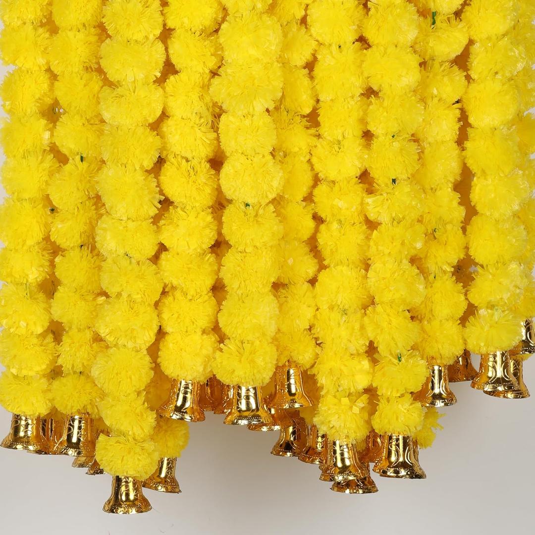 Marubhumi 5 PC 4.5 Feet Artificial Marigold Flower Garland with Bells for Diwali, Wedding, Home & Festival Decoration (Yellow)