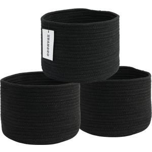 Woven Cotton Storage Baskets - 3-Pack Round Bins (10x10x7'') for Shelves, Closets & Bookcases | Durable Rope Organizers for Nursery, Baby, Toys, Easter & More (black)