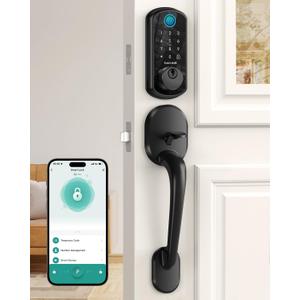 Keyless Entry Door Lock with Handle: Hornbill Smart WiFi Front Fingerprint Deadbolt with Handle Set Electronic Digital Keypad Door Locks APP Remote Control Alexa Auto Lock Black