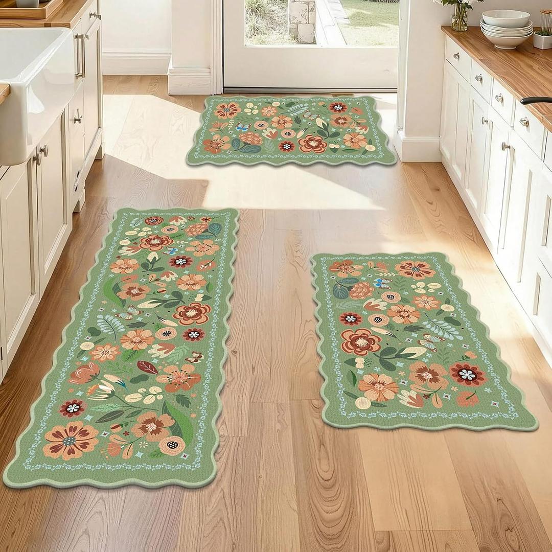 Tinideya Floral Kitchen Rug Set of 3 Boho Farmhouse Area Rugs Sage Green Washable Door Mat for Entryway Kitchen Floor Bathroom Laundry Front Porch Decor 17"x47"+17"x29"(Green)