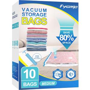 Fygrip Vacuum Storage Bags with Hand Pump, Plastic Packaging Bags, 80% Space Saver Vacuum Seal Bags for Clothing, Travel Lugggage, Blankets, Comforters, 10 Medium