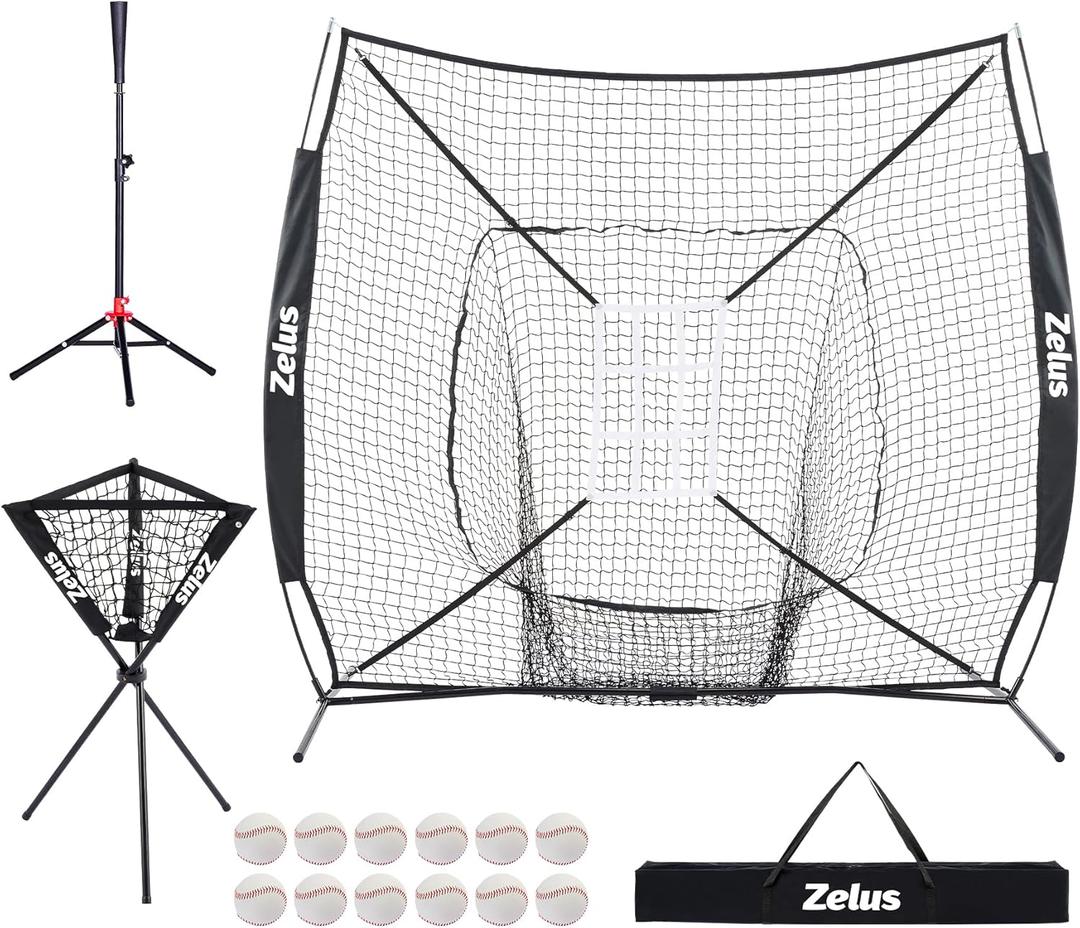 ZELUS Baseball net and tee, 5x5ft/ 7x7ft Baseball Net for Hitting and Pitching, Portable Indoor Outdoor Batting Practice Net with Carry Bag Ball Caddy & Baseballs