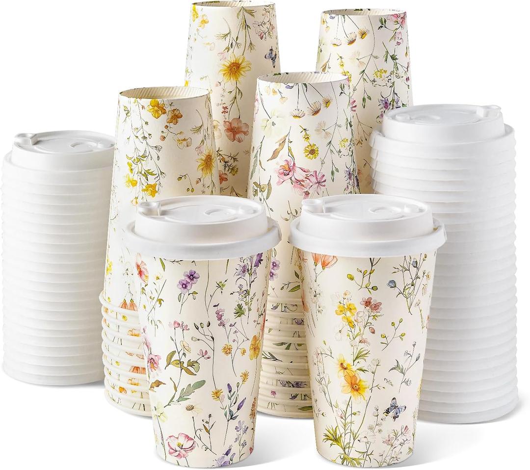 Nihuecne 50 Pack 16 oz Floral Disposable Paper Coffee Cups with Snap-on Lids, To Go Cute Flower Themed Cups for Hot & Cold Drinks, Elegant Party Supplies for Home, Office, Bar, Travel, Wedding, Party