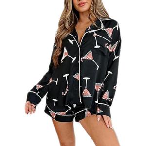 NUFIWI Women Christmas Pajamas Pjs Set Cute Santa Colorful Pj Long Sleeve Shirt Lounge Shorts 2 Piece Holiday Sleepwear (X-Large, Black Martini)