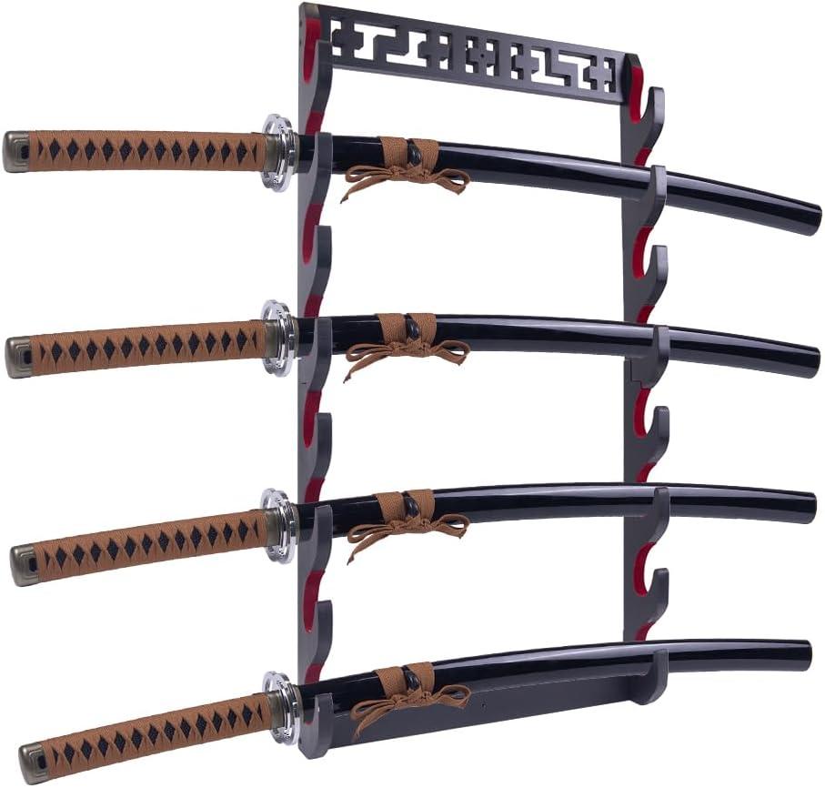8 Tier Sword Stand, Wooden Sword Holder Wall Mount,Premium Wooden Katana Holder, Red Velvet Padded Katana Stand