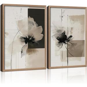 2Pcs Framed Black and White Flower Abstract Wall Art Modern Neutral Canvas Prints Posters Pictures Gallery Wall Decor Living Room Bedroom Office Apartment 16X24 Inch Ready to Hang