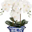 Briful Orchid Artificial Flowers in Blue and White Porcelain Pot 19.7" White Faux Silk Orchid Arrangement Large Fake Orchid Floral Centerpiece for Elegant Home Office Living Room Kitchen Table Decor