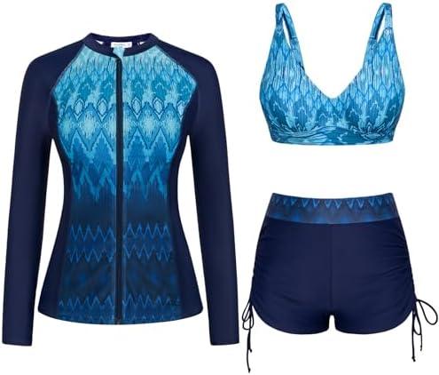 JASAMBAC Women 3 Piece Rash Guard Long Sleeve Zip Up Swimsuits with Boyshort UV UPF 50+ Swim Shirt Built in Bra