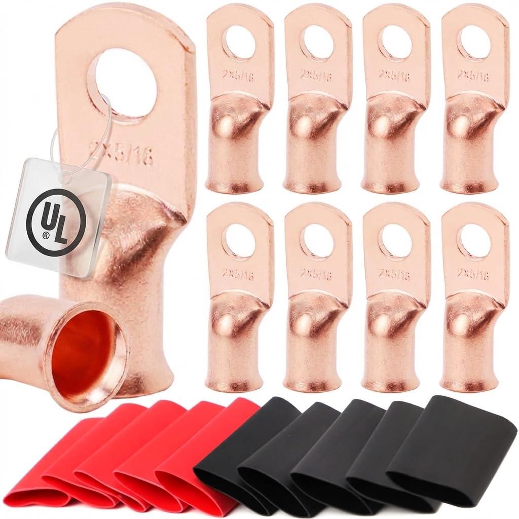 TKDMR 10pcs 2 AWG-5/16 Battery Lugs,Heavy Duty Wire Lugs,Ring Terminals,Battery Cable Ends,0 Guage terminals,Battery Terminal Connectors with 10pcs 4:1 Heat Shrink Tubing