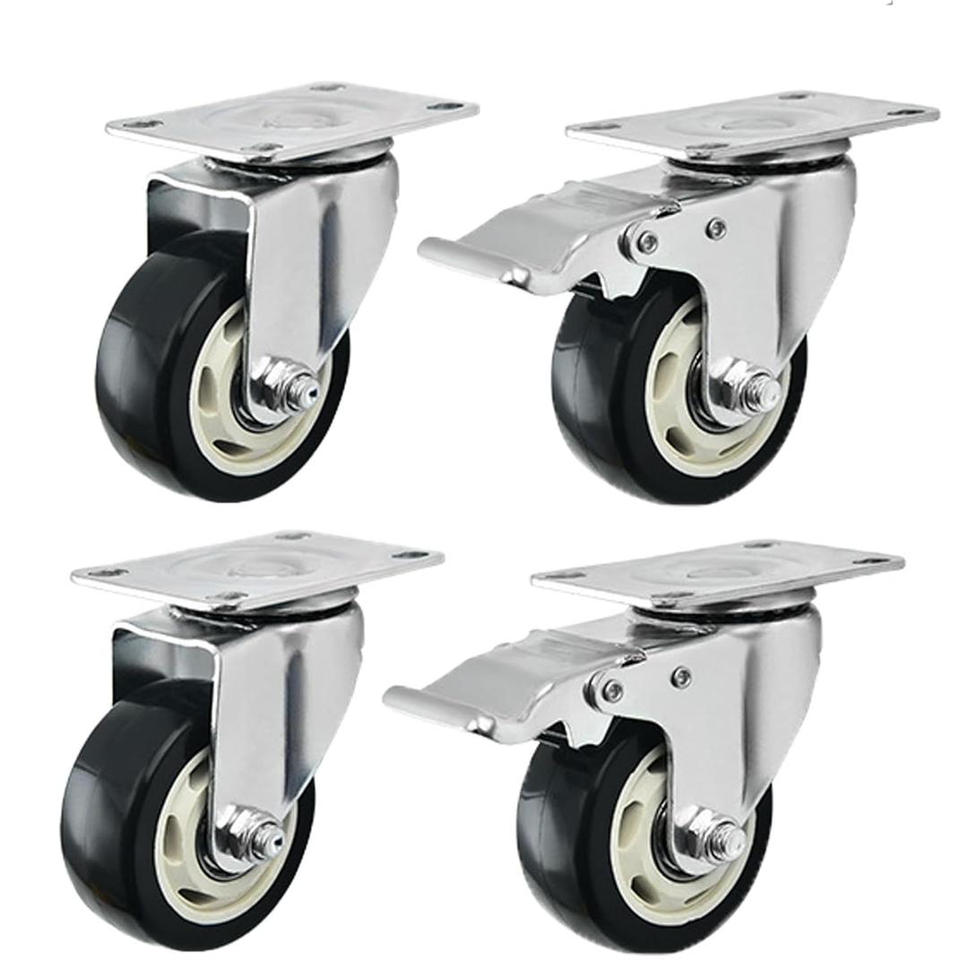 3 Inch Caster Wheel Set of 4 Heavy Duty Black Casters Plate Caster Wheels with Brake, Locking Casters Polyurethane Swivel Castors for Furniture and Workbench Cart(2 with Brakes & 2 Without)