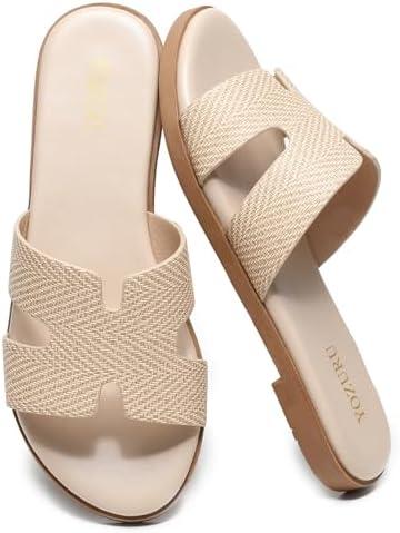 Yozuru Women's Flat Sandals Open Toe Dressy Summer Sandals Comfortable Casual Slip on Leather Slides Sandals for women, 39