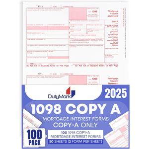 1098 Copy A Mortgage Interest Federal Laser Tax Form Set for 100 Recipients, 50 Sheets 2025