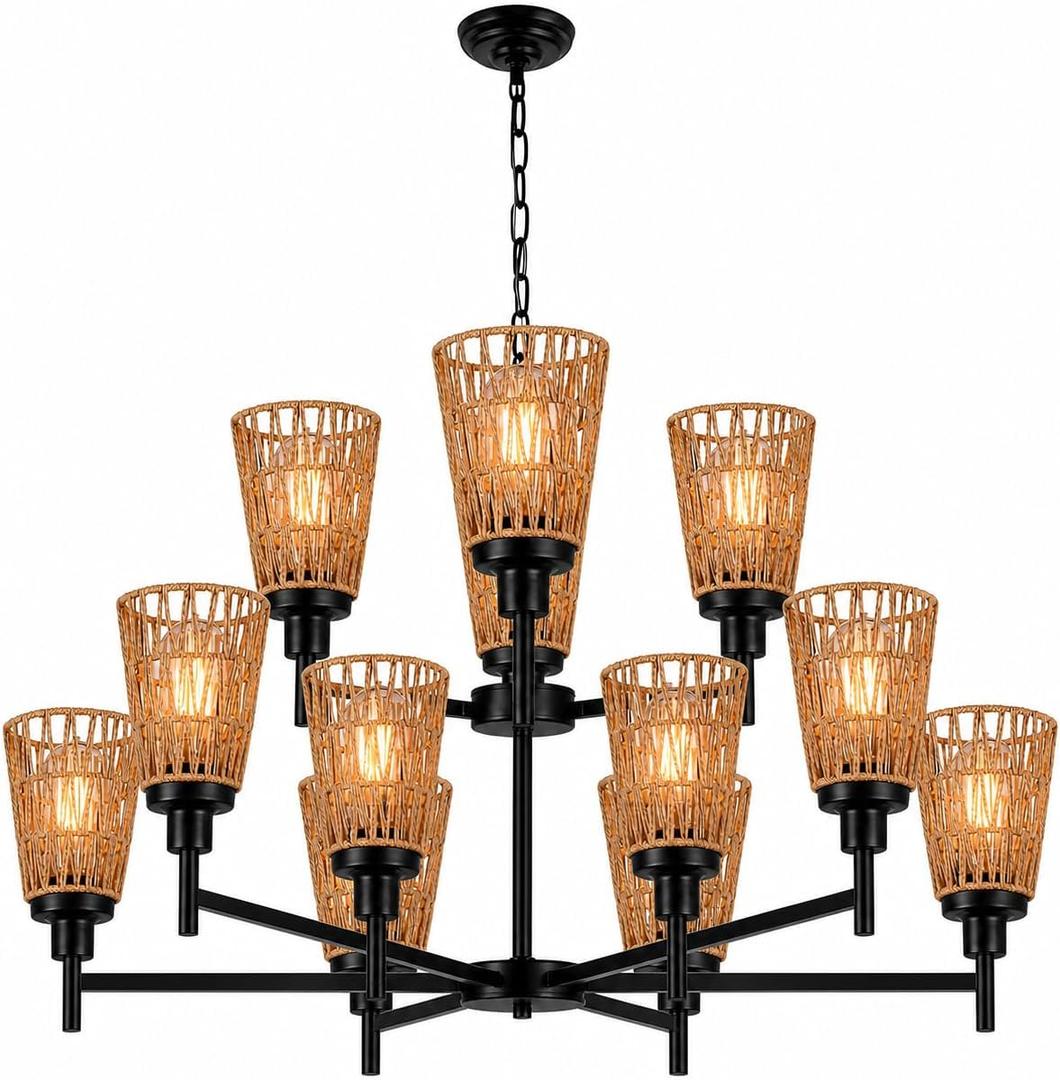 OVANUS 12-Light Rattan Chandelier, 2-Tier Boho Farmhouse Wicker Ceiling Fixture for Dining Room, Kitchen Island and Foyer, Black Brown