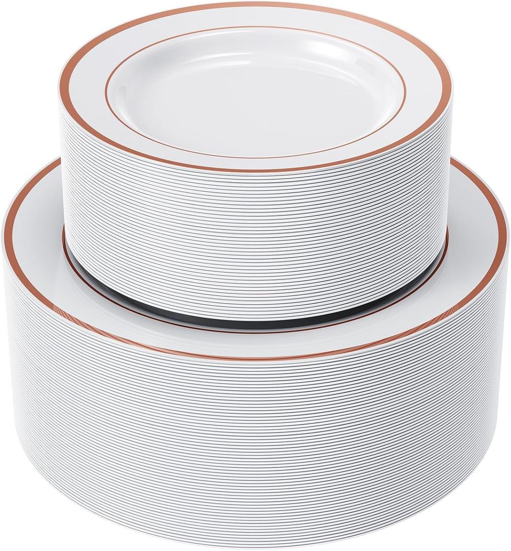 FOCUSLINE 120Pcs Rose Gold Plastic Plates, Disposable White and Rose Gold Rim Plastic Plates, Including 60 Dinner & Dessert Plate, Elegant Fancy Heavy Duty Wedding Party Plate