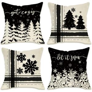 Fahrendom Winter Snowflake Decorative Throw Pillow Covers 18x18 Set of 4, Let It Snow Christmas Pine Tree Black Outdoor Pillowcase, Get Cozy Seasonal Holiday Farmhouse Cushion Case Home Decor