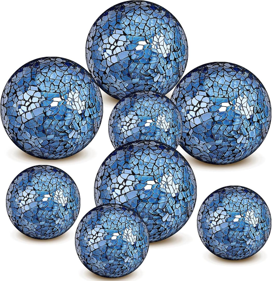 Qinyoung Blue 8 Pcs Decorative Ball for Bowls, 3'' 4'' Glass Mosaic Sphere Decorative Orbs for Centerpiece Bowls Vase Fillers, Wedding, Party, Coffee Table & Home Decor