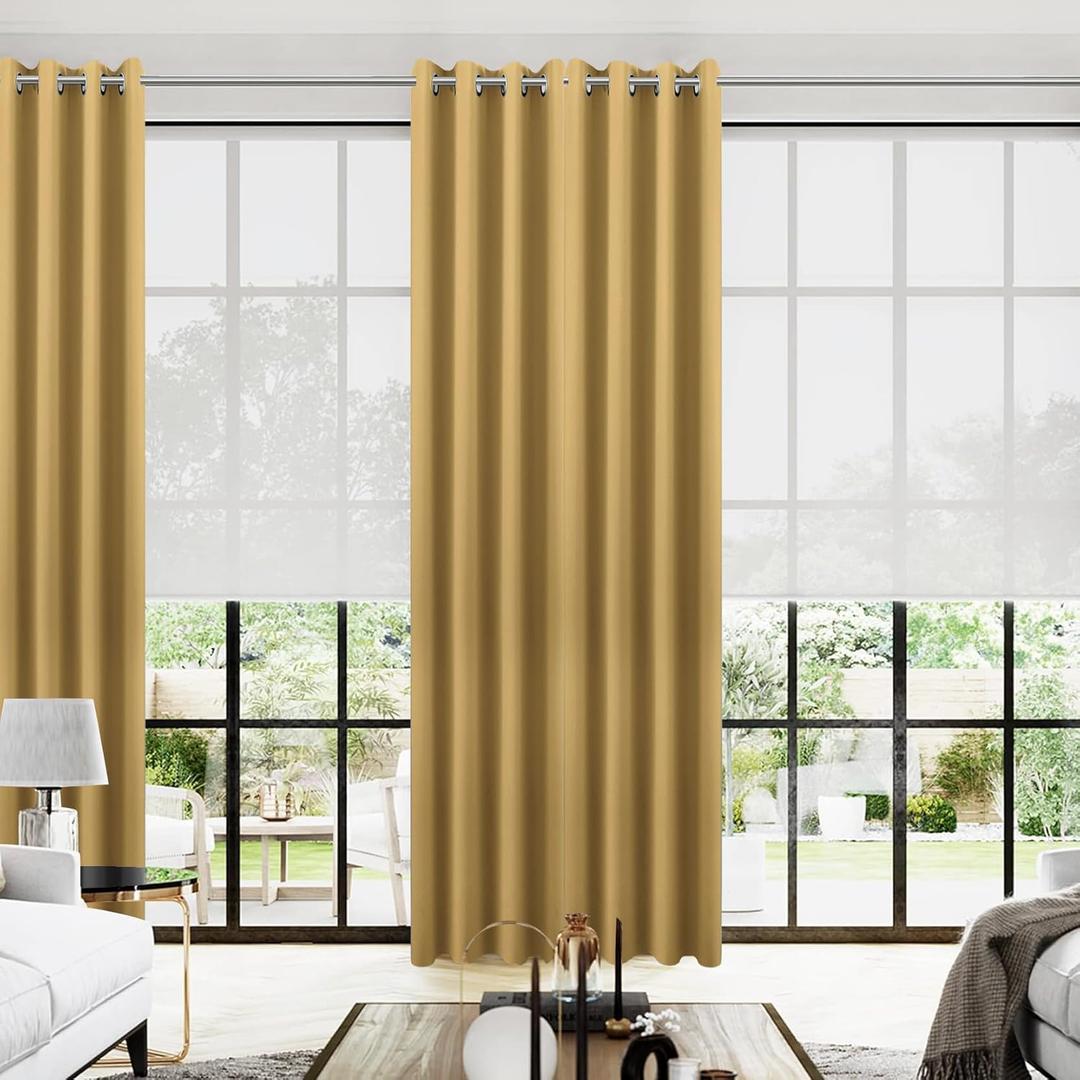 KOUFALL Gold Luxury Curtains 108 Inch Long for Living Room,Blackout Christmas Holiday Decorative Curtains Drapes for Dining Room Family Room (52"W x 108"L (Pack of 2), Sun Light Gold)