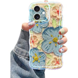 Jusy Compatible with iPhone 11, Colorful Retro Oil Painting Printed Flower Laser Glossy Pattern Cute Curly Wave Phone Case Soft TPU Cover for Girly Women - Blue