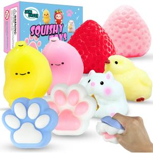 8 Pcs Taba Squishy Pack - Squishy Pack Include (2 Strawberry, 2 Cat Paws,2 Banana,1 Hamster,1 Chick),Squishy Fidget Toys,Taba Squishies Toys Squeeze Toys for Kids,Party Favors for Kids 4-8 8-12