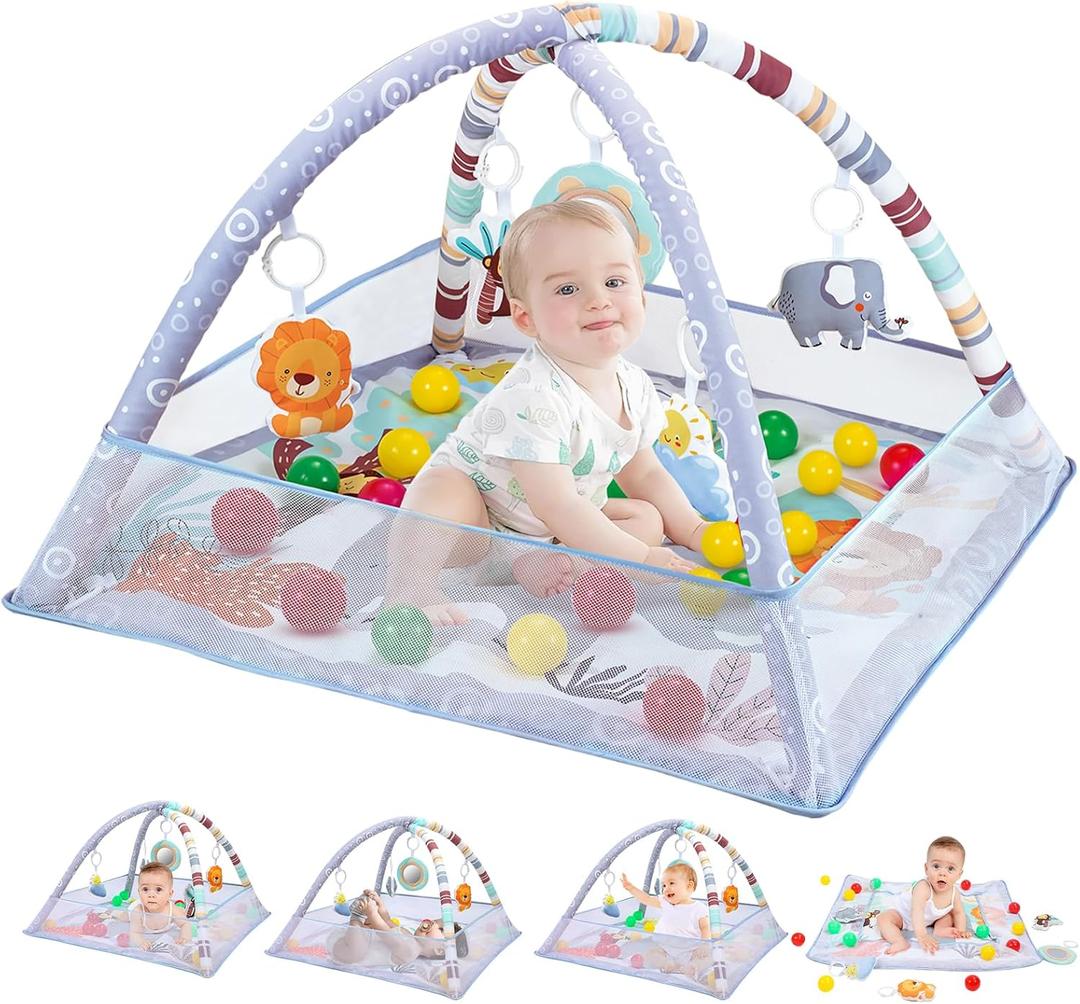 Baby Play Gym, 9-in 1 Tummy Time Mat with 5 Sensory Toys, Detachable Anti-Slip Thickening Baby Play Mat for Newborn Infant Toddler to Develop Motor & Cognition