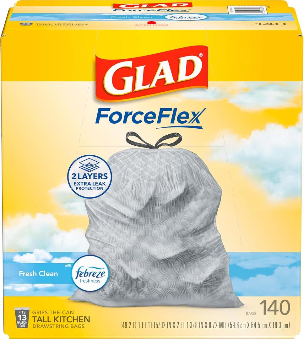 Glad ForceFlex Tall Kitchen Trash Bags, 13 Gallon, Fresh Clean, 140 Count