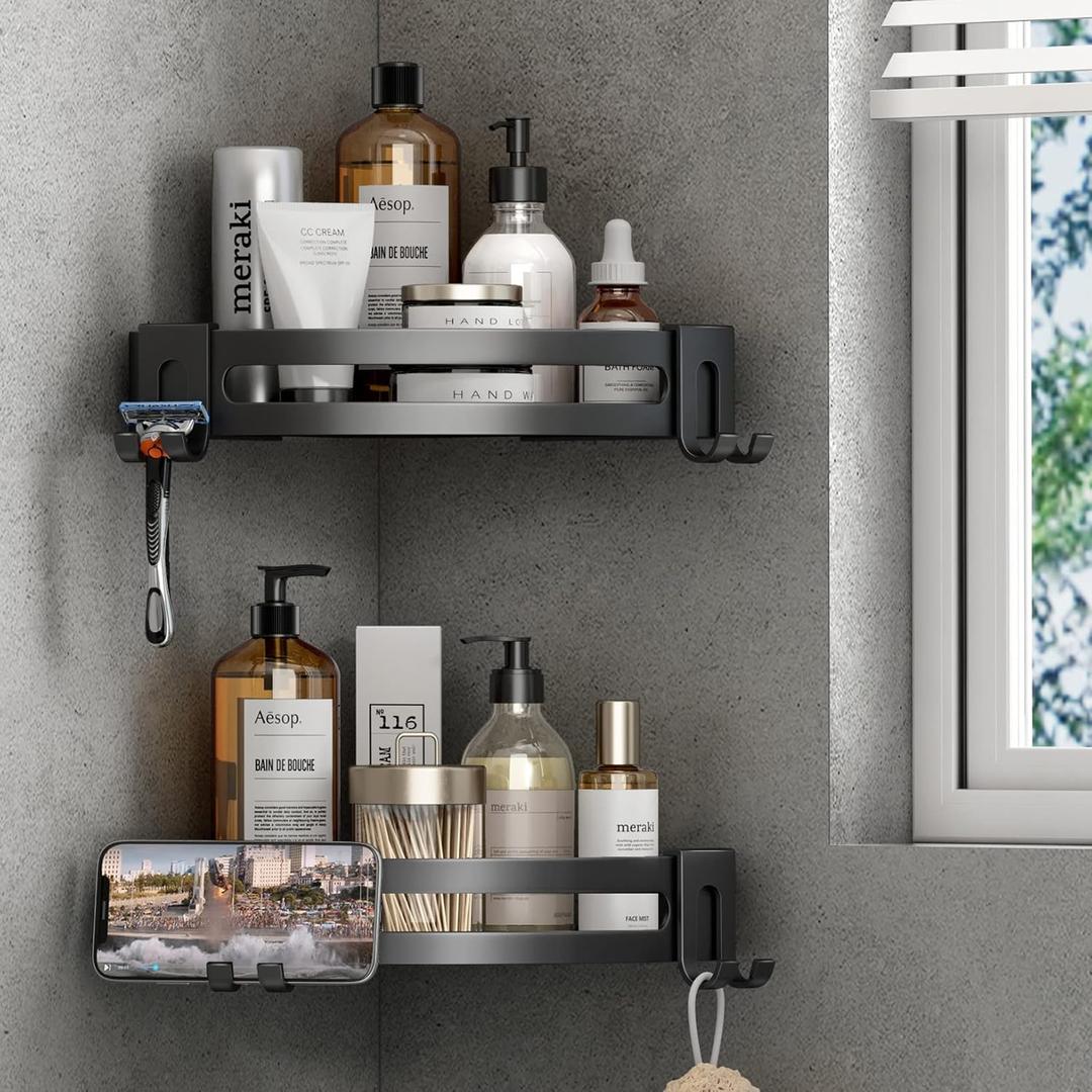 VOLPONE Corner Shower Caddy with Razor Holder Adhesive Shower Shelf Corner No Drilling Bathroom Shower Organizer Storage Rack (2-Pack, Black)