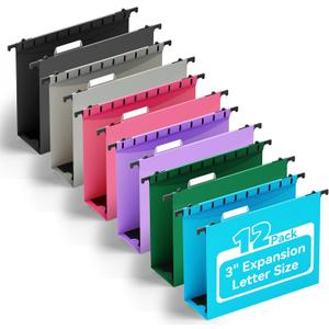 ANSOOK Plastic Hanging File Folders Letter Size, 3 Inch Reinforce Expanding File Folder,12 Pack File Cabinet Folders,Heavy Duty Hanging File Organizer,File Folders Hanging with Tabs (Assorted Color)