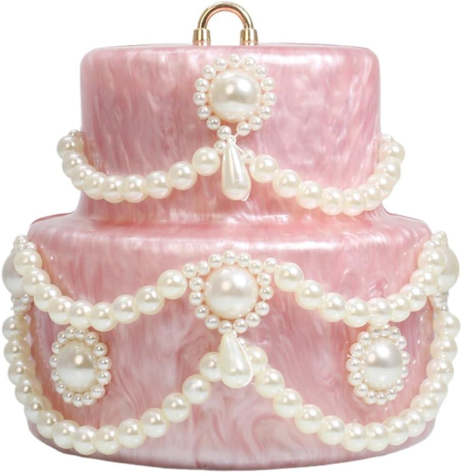 Cake Shaped Acrylic Clutch Pearl Handbags Beaded Evening Bag Mini Clutch Handbag for Wedding Cocktail Party Prom (Pink)