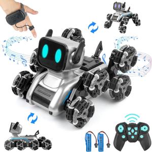 Robot Dog, 2.4Ghz Remote Control Dog Stunt RC Cars with Music & Light, 2 Models RC Robot Toys with 2 Rechargeable Batteries, Birthday Gifts for Kids 6 7 8 9 10 11 12 Years Old, Black