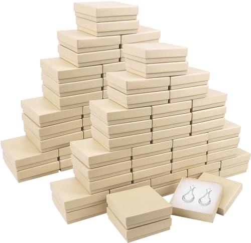 Cardboard Jewelry Gift Boxes, 76 Pack 3.5x3.5x1 Inch, Bulk Cotton Filled Small Jewelry Boxes with Lids for Necklace Ring Bracelet Earring Display Box (Brown)