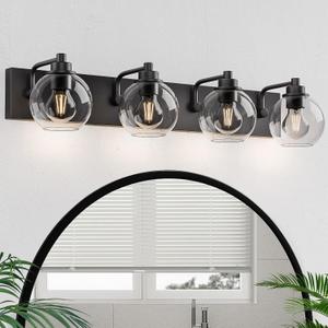 Bathroom Light Fixtures-Matte Black Vanity Lights for Bathroom, Modern Black Vanity Lights 4-Light Bathrooms Lighting Fixtures Over Mirror with Clear Glass Shade