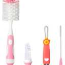 4-in-1 Baby Bottle Brush Set, Including Nylon Bottle Brush, Cap, Straw, Nipple Brushes, BPA-Free (Pink)