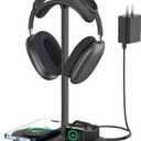 Universal Headphone Stand, Magnetic Wireless Charger for iPhones/AirPods/iWatch, Aluminum Alloy Rod, Leather Pad, ABS Solid Base, Black