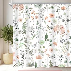 Cinbloo Cute Floral Shower Curtain,Sage Green Flower Fabric Bathroom Curtains,Wildflower Spring Summer Butterfly Plants Leaves Botanical Women Girls Girly Cloth Shower Curtain Set with Hooks, 72Wx72H