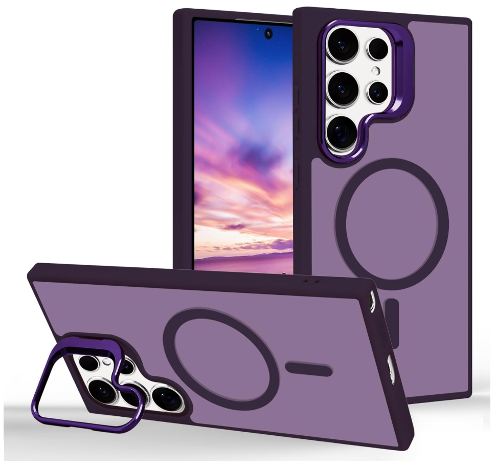 for Samsung Galaxy S24 Ultra Magnetic Case with Stand [Compatible with MagSafe] Built-in Camera Ring Holder Stash Kickstand Slim Matte Frosted Cover Anti-Fingerprint, Translucent Purple