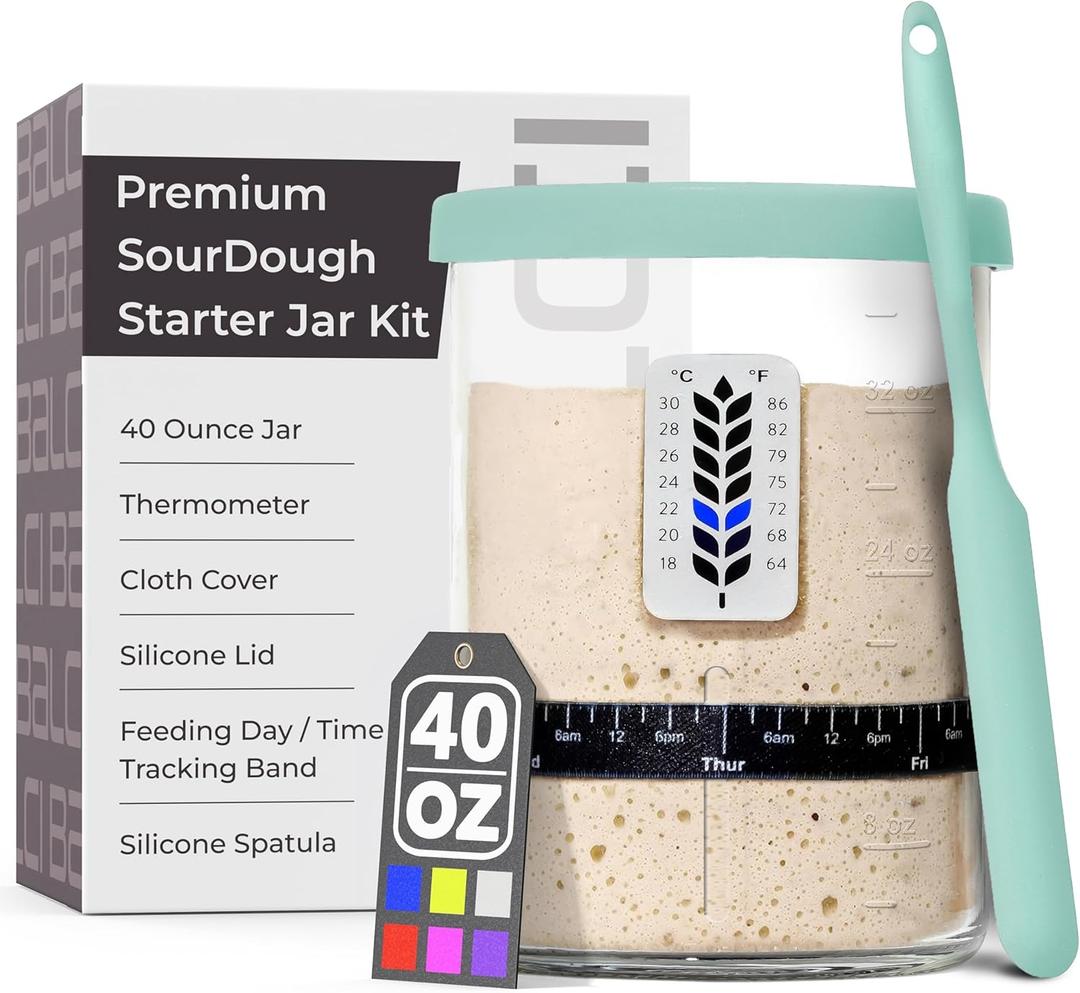 Premium Sourdough Starter Jar - 40oz Large Sourdough Jar with Marked Feeding Band, Thermometer, Scraper, Cloth Cover and Silicone Lid/Base, Wide Mouth Starter Kit - Mint (40oz (1 Pack))