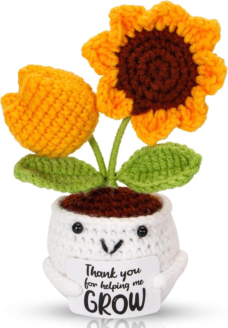 Mini Handmade Positive Sunflower Crochet Decorative with Card,Thank You for Helping Me Grow, Teacher Gifts for Women, Christmas,Birthday,Graduation,New Year Gift.