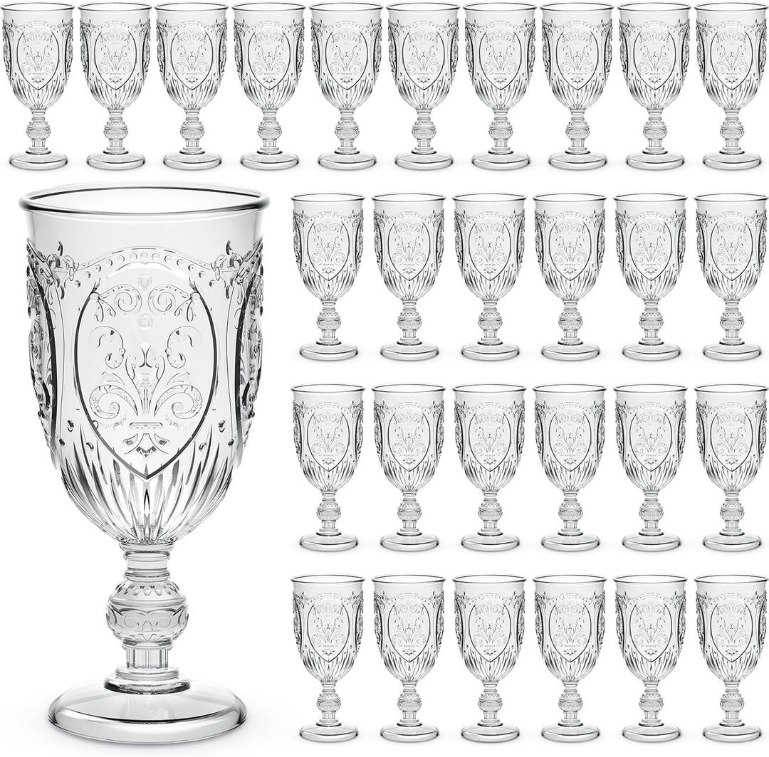 48 Pcs Plastic Goblets 7.5oz Vintage Goblet Plastic Glasses Colored Retro Embossed Water Goblets for Bar Juice Baby Shower Wedding Reception Grand Event Party (Clear)