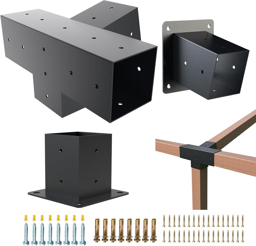 Pergola Kit, 15 4-Way Slanted Roof Pergola Bracket Set, PowderCoated Roof Wall Mount Pergola Brackets 4" x 4" (Actual: 3.5x3.5 Inch), Pergola Hardware for Porch Gazebo Backyard (3 pcs), Black
