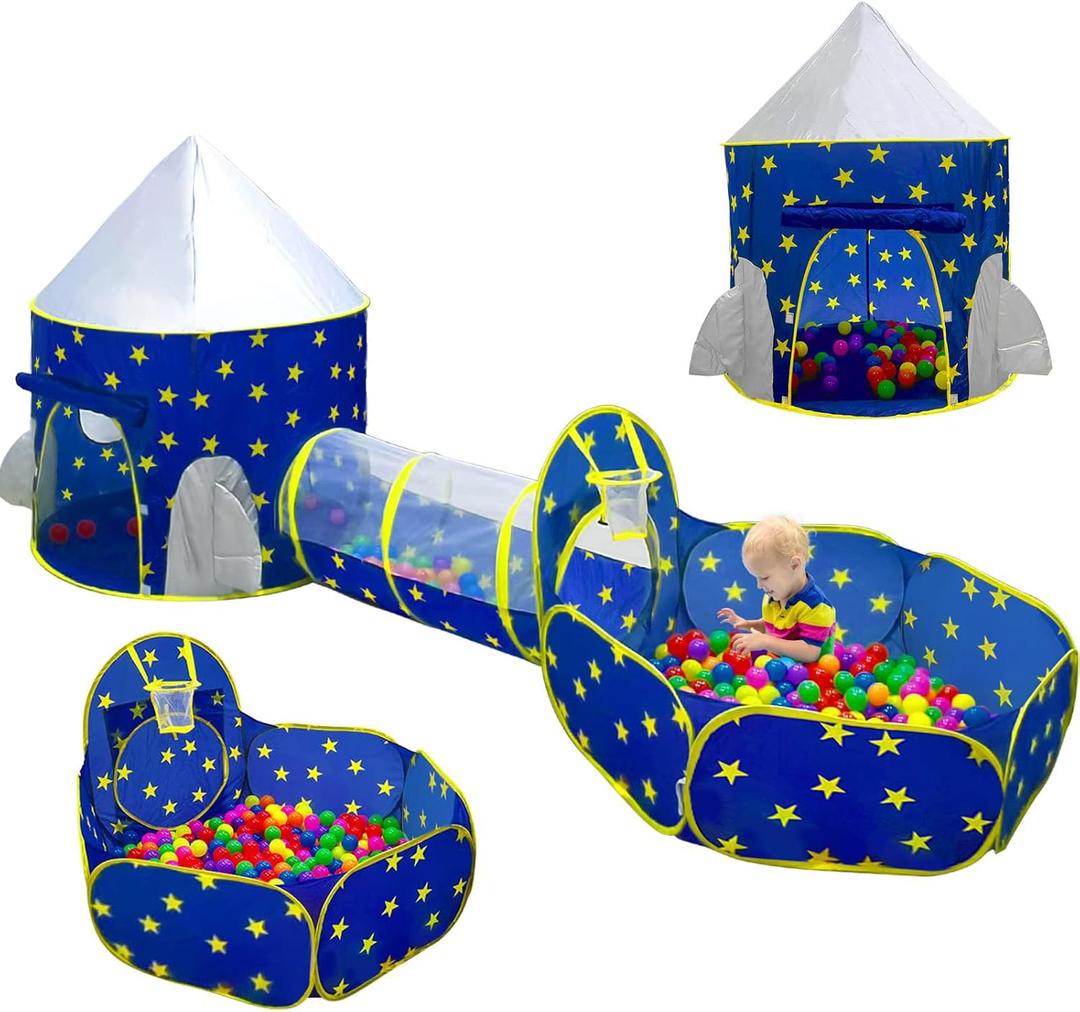 PigPigPen 3pc Kids Play Tent for Boys with Ball Pit, Crawl Tunnel, Princess Tents for Toddlers, Baby Space World Playhouse Toys, Boys Indoor& Outdoor Play House, Perfect Kids Gifts