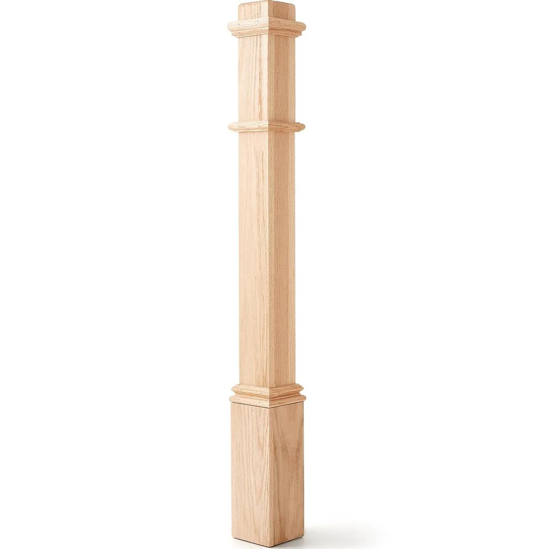 1 Pcs 48 Inch Red Oak Stair Newel Post with 3 1/2" Post and 4 1/2" Sleeve, Wood Box Newel with Pedestal for Staircase, Plain Style Wood Balusters Interior for Stair Remodeling