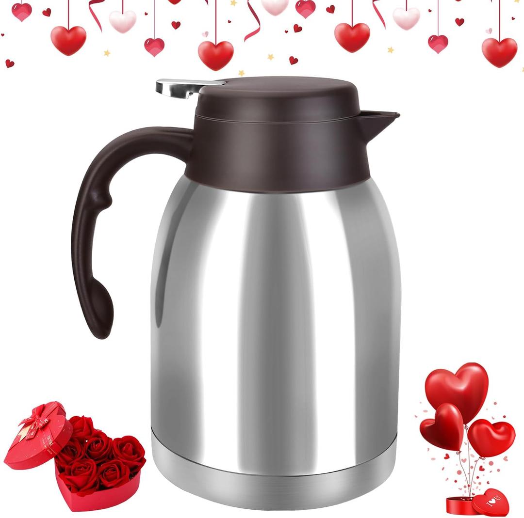 54oz Stainless Steel Thermal Coffee Carafe Dispenser, Unbreakable Double Wall Vacuum Thermos Flask 1.6L Water Tea Pot Beverage Pitcher for Cold Drinks in Summer(Classic Silver)