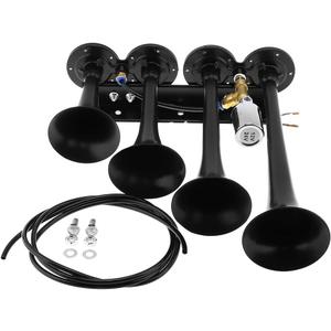 12V / 24V Truck Train Air Horn, 185dB Super Loud Four Trumpet Air Horn for Car Vehicle Truck Train Boat