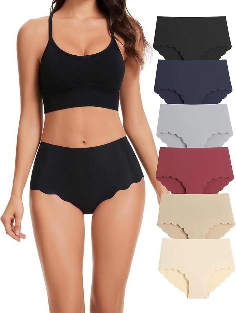 Caterlove Women's High Waisted Seamless Underwear No Show Wave Edge Bikini Panties Full Coverage Hipster 6 Pack (Large)