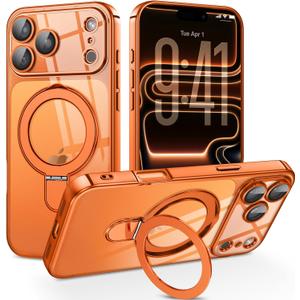 BENTOBEN Magnetic Case for iPhone 17 Pro Max [Compatible with MagSafe], Adjustable Ring Stand Full Camera Protector Clear Anti-yellow Military Drop Protection Case for iPhone 17 Pro Max,Cosmic Orange