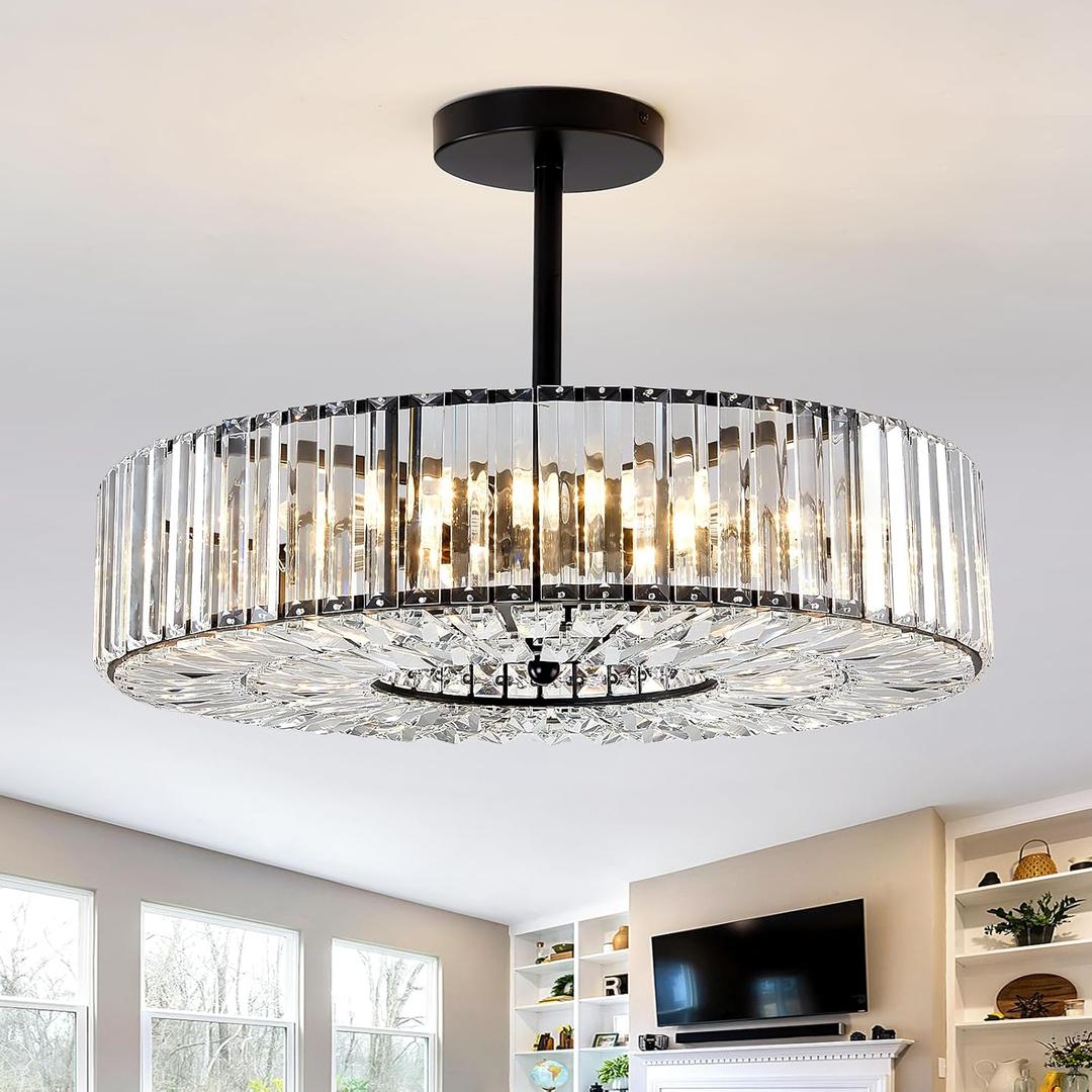 Piepooye 8 Lights Modern Large Crystal Chandelier Black Round Semi Flush Mount Ceiling Light Fixture Farmhouse Chandelier for Dinning Room Living Room Bedroom Hallway Entryway Kitchen, 21.65 inches