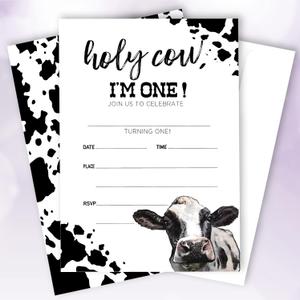 20 Sets Holy Cow I'm One Birthday Party Invitations With Envelopes,Farm Cow Girl Boy Double-sided Printed Birthday Party Invite Cards Invitations for Girls Boys Kids,1st Birthday Invites