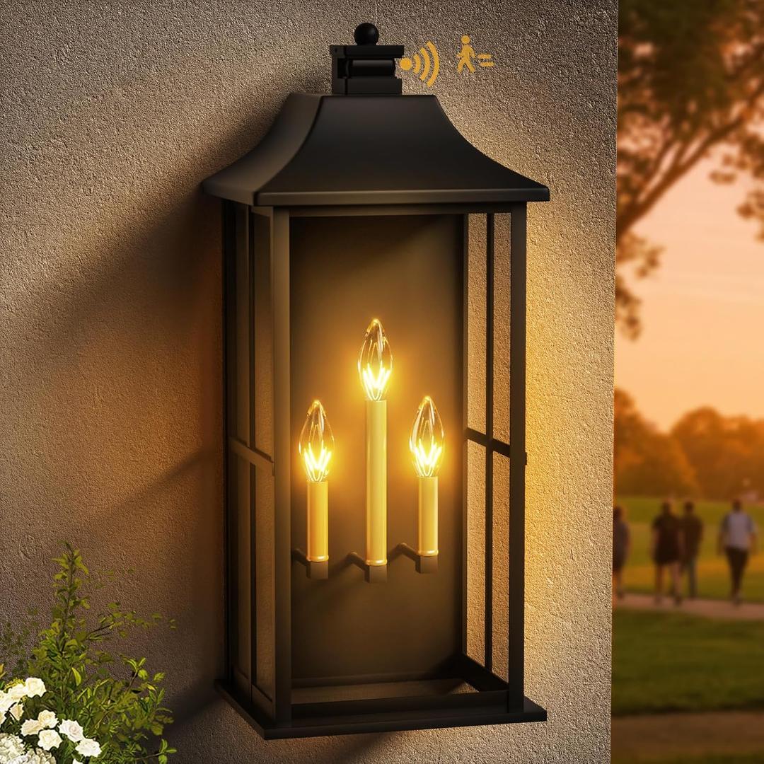 Large Size Outdoor Wall Light with Dual Sensor - Motion & Dusk to Dawn Porch Light, Waterproof Exterior Wall Lantern for Patio, Garage, Front Door, Extra Large 25-INCH