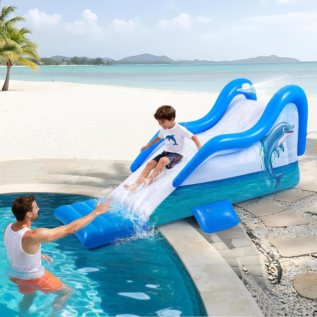 Seenelling 125 Inch Giant Extended Inflatable Dolphin Pool Slide, Large Inflatable Water Slide Outdoor Water Play Summer Swimming Pool Play Game Toy for Adults